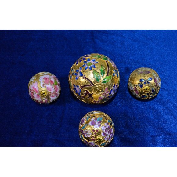 Vintage Cloisonne Ball Christmas Ornaments Set of 4 Florals Birds Gold Enameled - Picture 4 of 6
